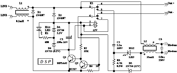 Схема фільтра і підсилювача для телефонних модемів