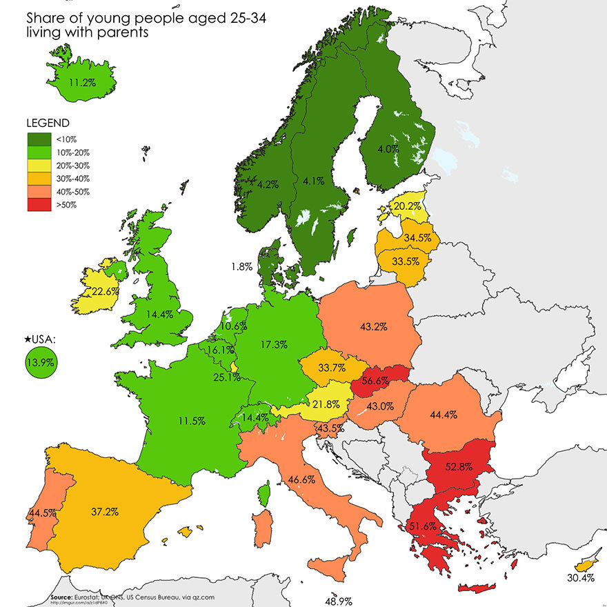 15. Количество людей в Евросоюзе, в возрасте от 25 до 34 лет, которые до сих пор живут со своими родителями
