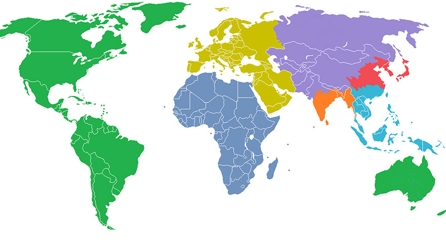 25. Карта разделения мира на семь регионов с населением свыше 1 млрд. человек