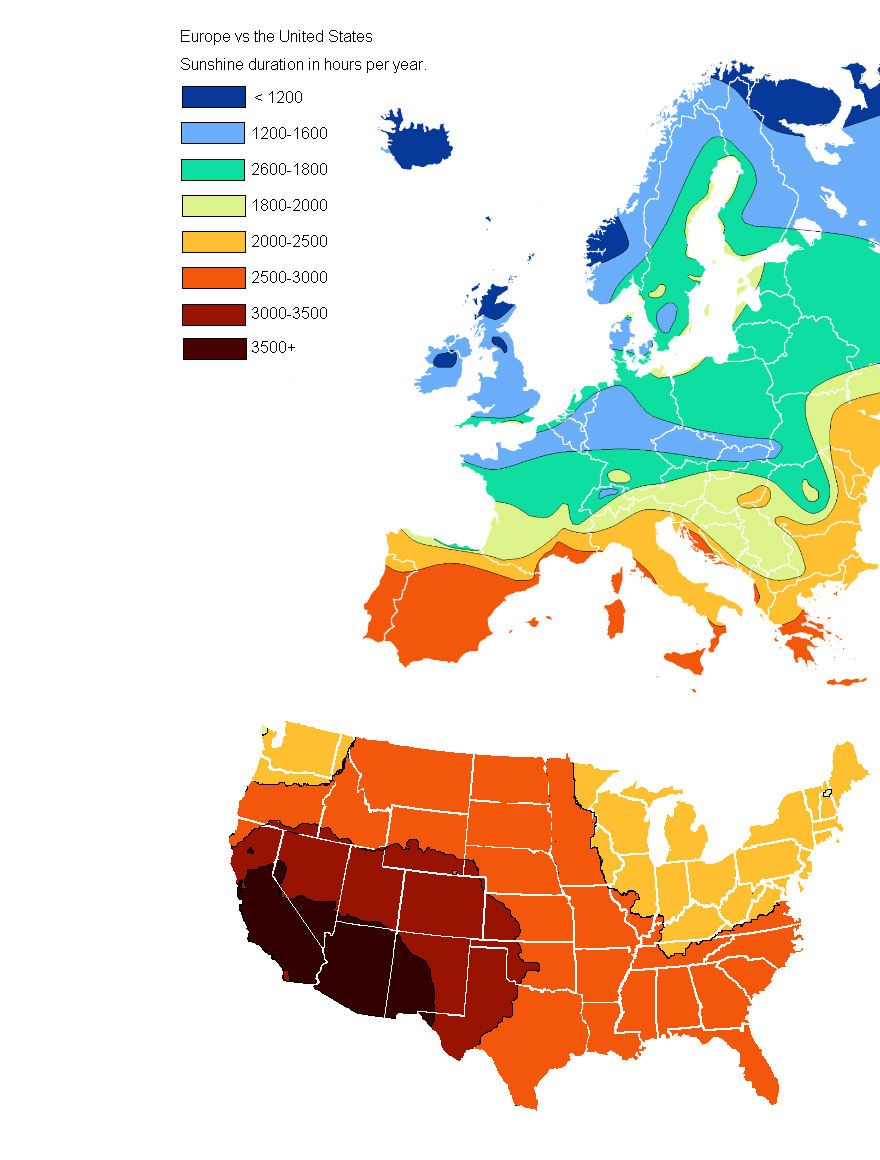 33. Европа vs США: продолжительность солнечного света в часах за год