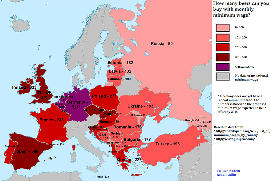 8. Сколько пива можно приобрести на минимальную месячную зарплату в разных странах Европы