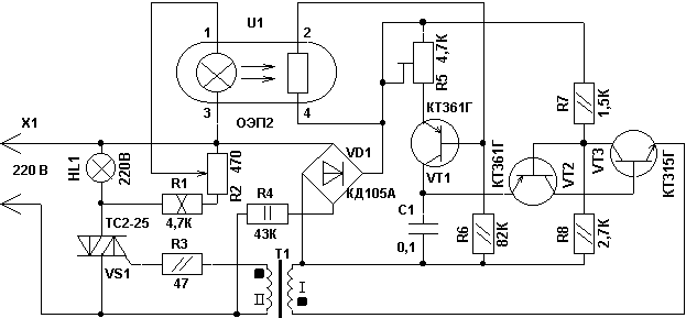 Схема оптронного стабілізатора напруги.