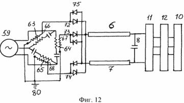 електрична схема пристрою передачі електричної енергії від трифазного генератора електричної енергії з використанням трьох підвищувальних трансформаторів Тесла, з'єднаних за схемою трикутника