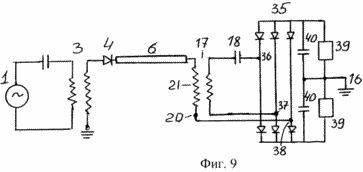 електрична схема пристрою для передачі електричної енергії за однопровідною лінії з використанням позитивної хвилі струму і напруги і двох резонансних контурів і трансформаторів Тесла на початку і в кінці лінії