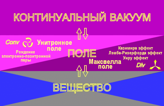Континуальний вакуум, Унітрон поле, Максвелла поле, речовина